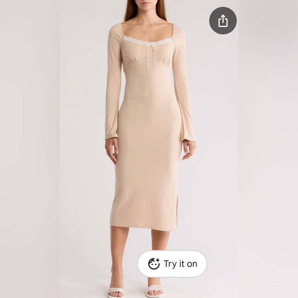 New Lush Bow Detail Long Sleeve Rib Midi Dress Mocha